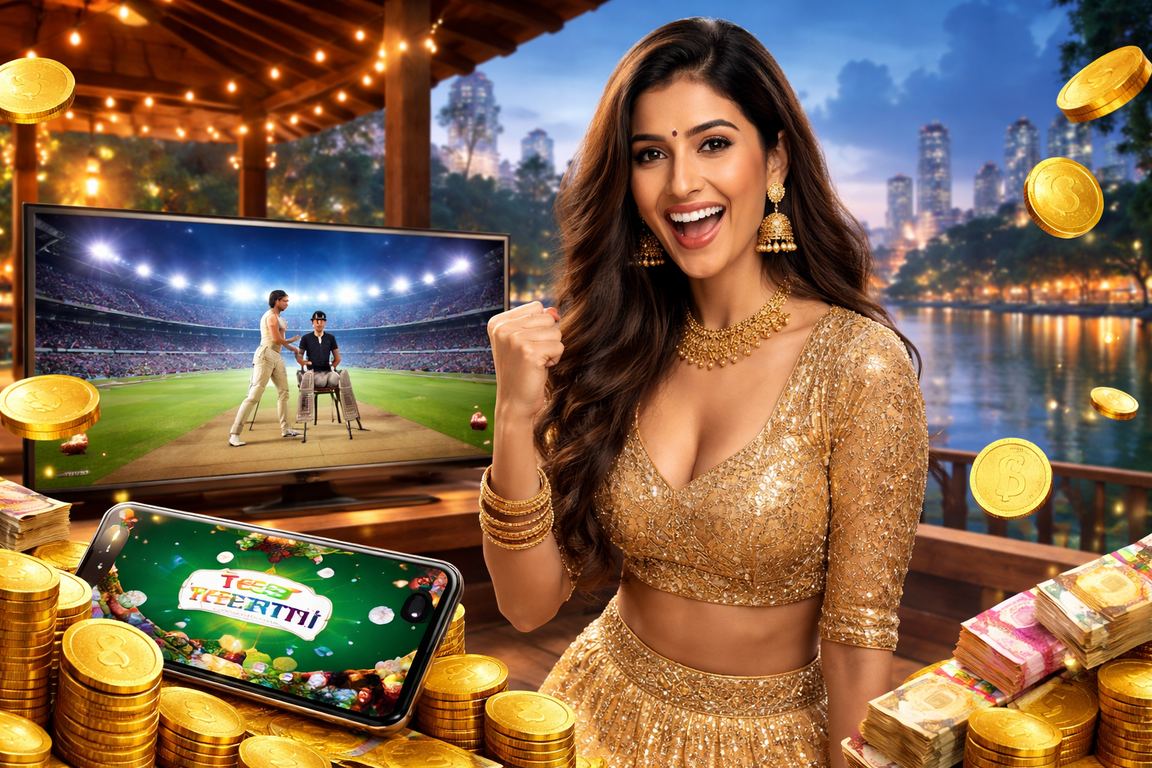 Woman dressed in traditional lehenga playing Teen Patti on mobile device